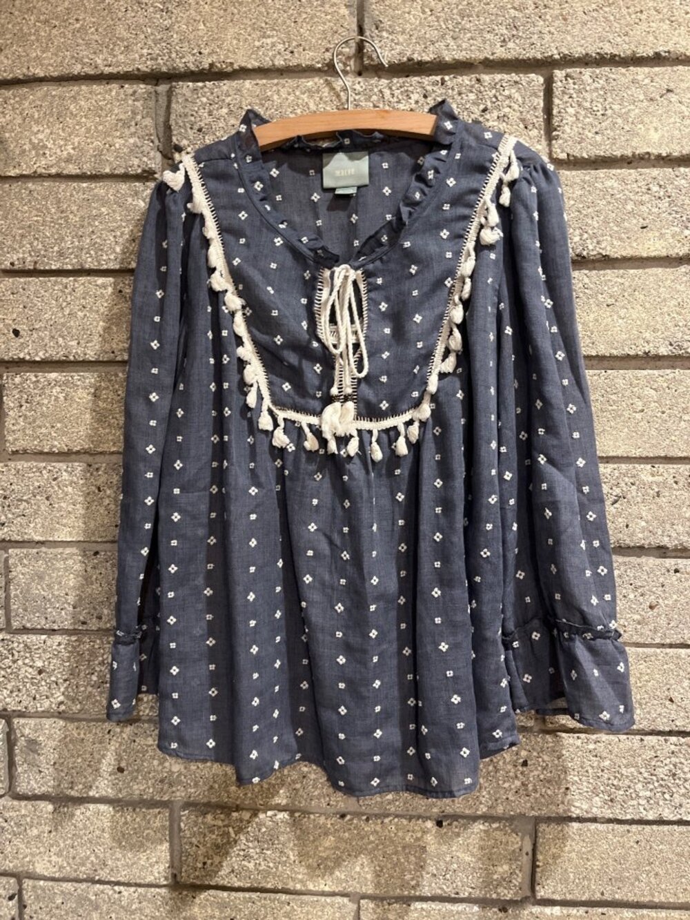 Maeve Blue Embroidered Tassel Boho Blouse X-Large Cotton Blend Long Sleeve